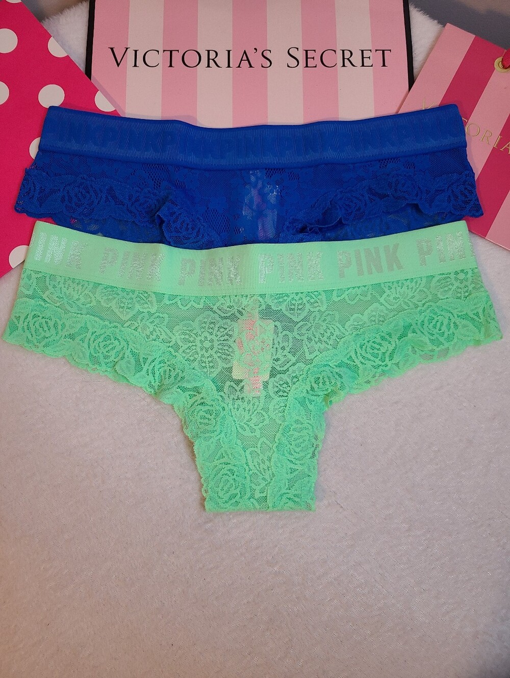 VS PINK 2pk Floral Lace Logo Band Low Rise Cheekster Panties Size M